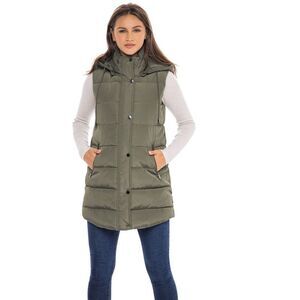 Sebby - Women's Long Puffer Vest with Hood - S.E.B. By SEB Green